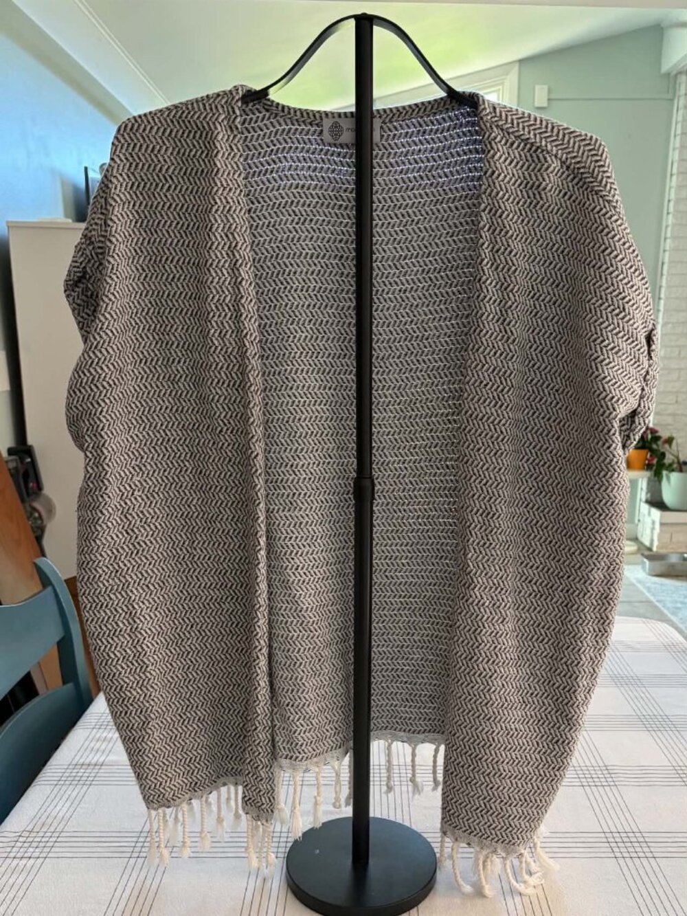 Mandalina Chevron Fringe Kimono Cardigan One Size Black White Cotton Bamboo